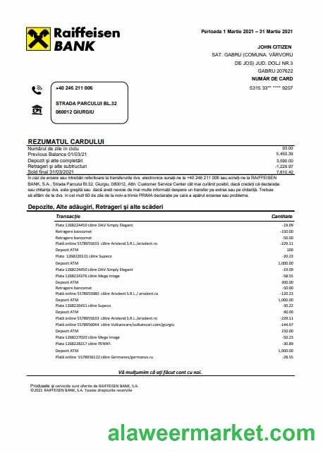 Romania Raiffeisen bank statement template in Excel and PDF format (in Romanian language)